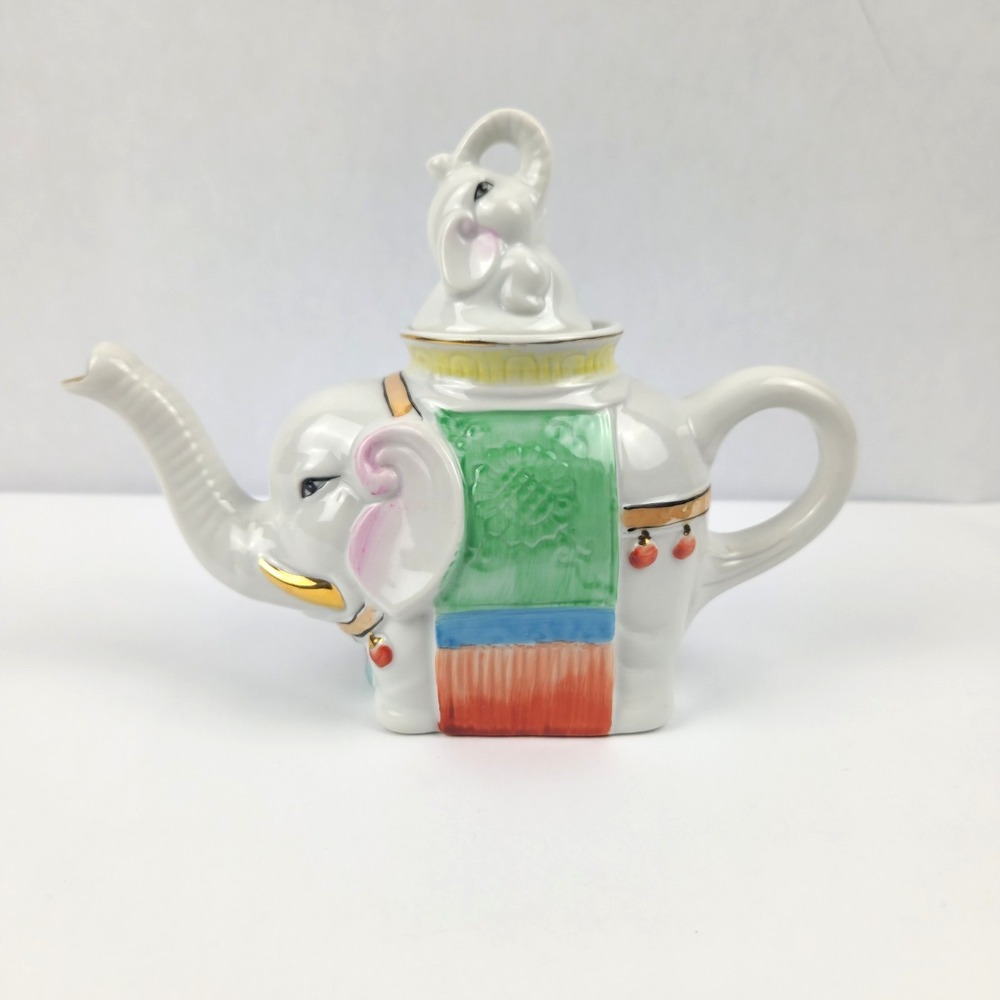 Vintage Elephant Teapot Porcelain Japan Gold Gilt Figural Tea Pot White Elephant